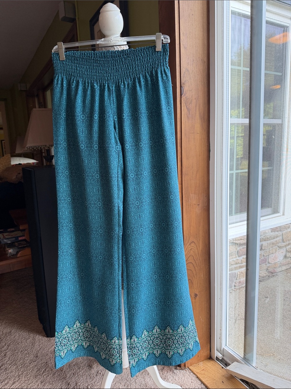 Prana Teal Wide-Leg Printed Smocked-Waist Pants